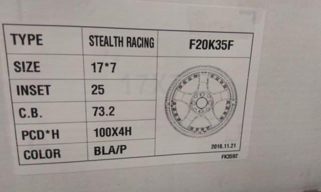Limited quantity B-grade special price item STEALTH
Racing
K35
BK / P
7Jx17 + 25
100-4H-03
